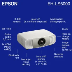 Epson EH-LS6000, vidéoprojecteur laser 4K Home Cinéma abordable, traitement d’image IA, compatible Matter, 3 400 lumens, image jusqu’à 500 pouces, garantie 5 ans