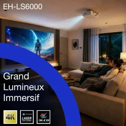 Epson EH-LS6000, vidéoprojecteur laser 4K Home Cinéma abordable, traitement d’image IA, compatible Matter, 3 400 lumens, image jusqu’à 500 pouces, garantie 5 ans