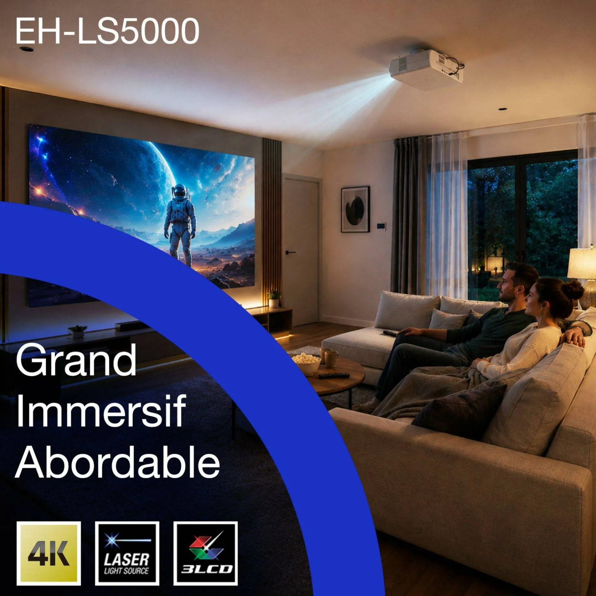 Epson EH-LS5000, vidéoprojecteur laser Home Cinéma 4K abordable, traitement d’image par IA, compatible Matter, 2 500 lumens, affichage jusqu’à 500 pouces, garantie de 5 ans
