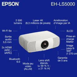 Epson EH-LS5000, vidéoprojecteur laser Home Cinéma 4K abordable, traitement d’image par IA, compatible Matter, 2 500 lumens, affichage jusqu’à 500 pouces, garantie de 5 ans