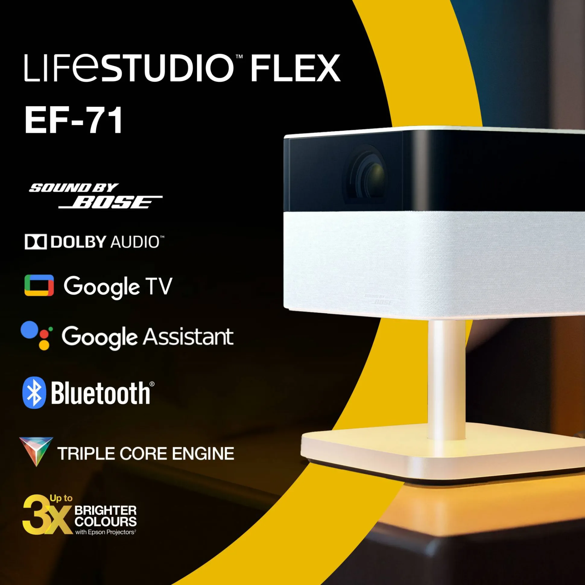 Epson Lifestudio Flex EF-71, Projecteur Smart TV HD intégrale 1080p, portable, 700 lumens, Sound by Bose, Google TV, écran de 150 pouces
