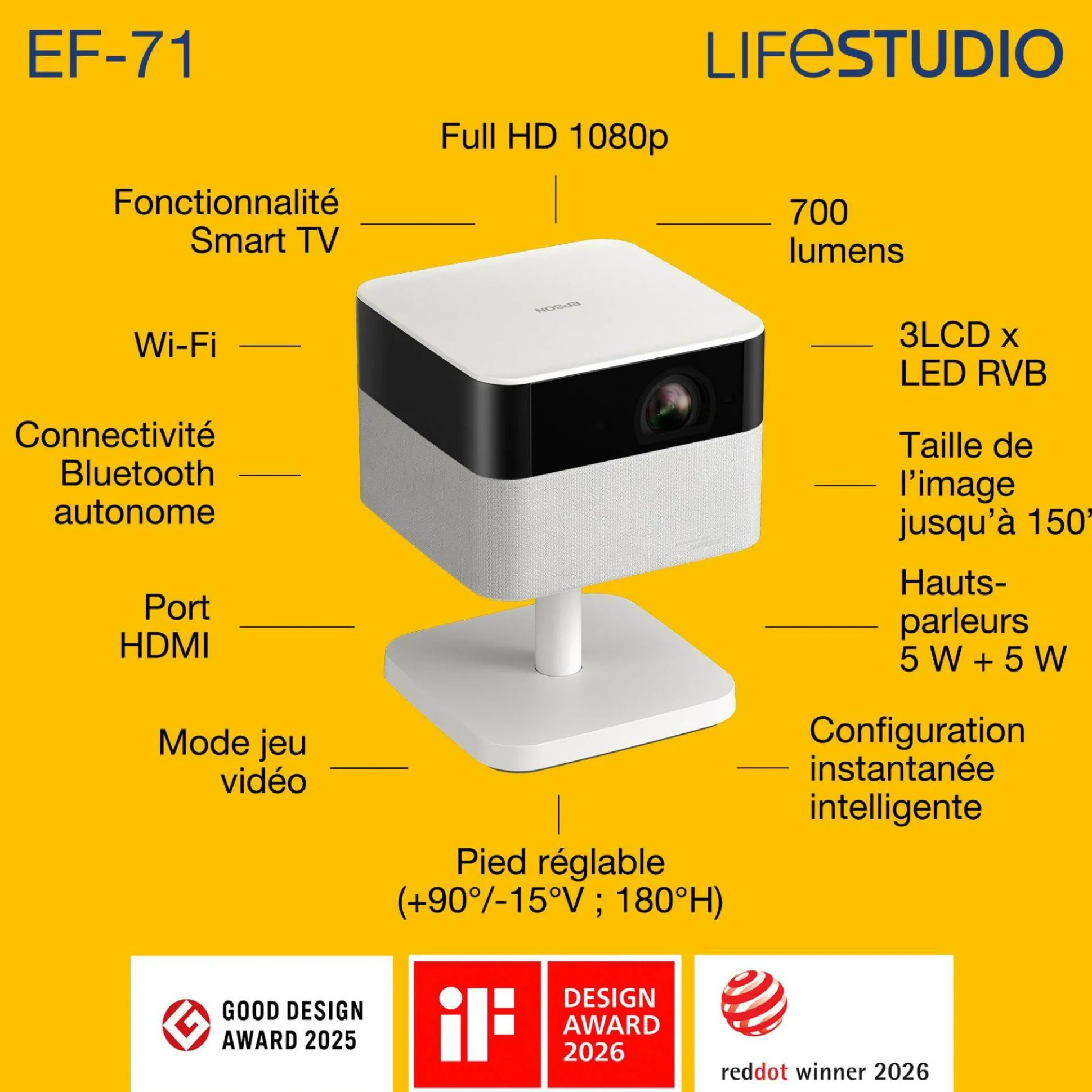 Epson Lifestudio Flex EF-71, Projecteur Smart TV HD intégrale 1080p, portable, 700 lumens, Sound by Bose, Google TV, écran de 150 pouces