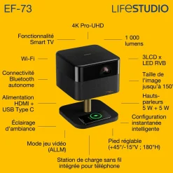 Epson Lifestudio Flex Plus EF-73, Projecteur Smart TV 4K PRO-UHD, portable, 1 000 lumens, Sound by Bose, Google TV, écran de 150 pouces