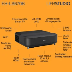 Epson Lifestudio Grand EH-LS670B, Projecteur laser intelligent à ultracourte focale, 4K PRO-UHD, 3 600 lumens, Sound by Bose, Google TV, écran de 120 pouces, garantie de 5 ans