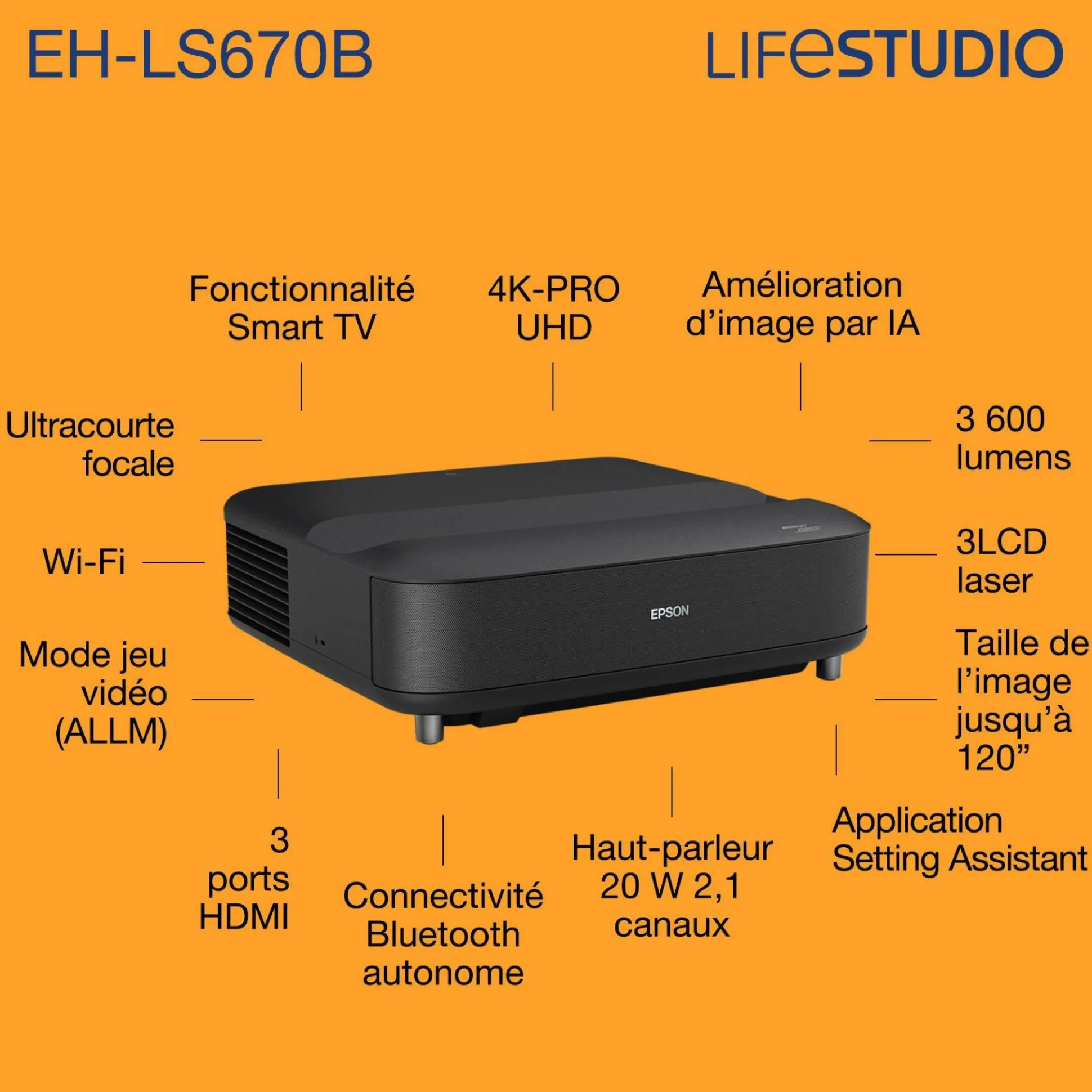 Epson Lifestudio Grand EH-LS670B, Projecteur laser intelligent à ultracourte focale, 4K PRO-UHD, 3 600 lumens, Sound by Bose, Google TV, écran de 120 pouces, garantie de 5 ans