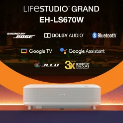 Epson Lifestudio Grand EH-LS670W, Projecteur laser intelligent à ultracourte focale, 4K PRO-UHD, 3 600 lumens, Sound by Bose, Google TV, écran de 120 pouces, garantie de 5 ans