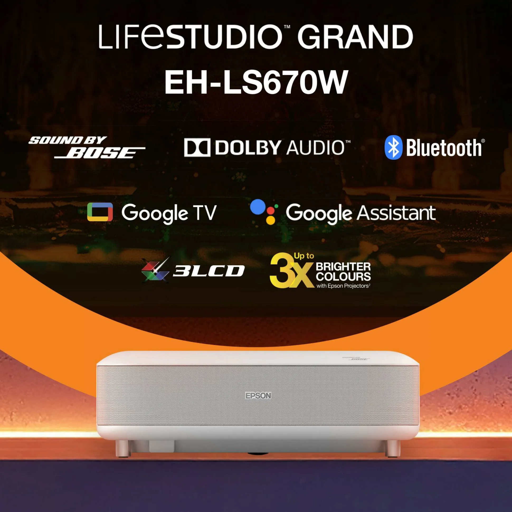 Epson Lifestudio Grand EH-LS670W, Projecteur laser intelligent à ultracourte focale, 4K PRO-UHD, 3 600 lumens, Sound by Bose, Google TV, écran de 120 pouces, garantie de 5 ans