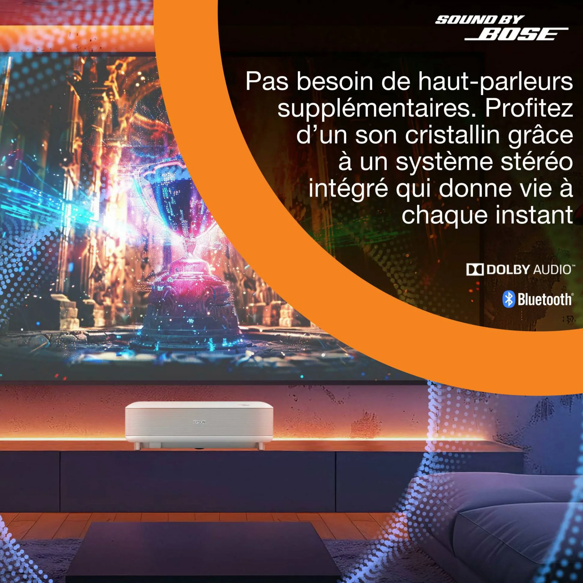 Epson Lifestudio Grand EH-LS670W, Projecteur laser intelligent à ultracourte focale, 4K PRO-UHD, 3 600 lumens, Sound by Bose, Google TV, écran de 120 pouces, garantie de 5 ans