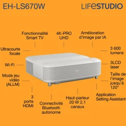 Epson Lifestudio Grand EH-LS670W, Projecteur laser intelligent à ultracourte focale, 4K PRO-UHD, 3 600 lumens, Sound by Bose, Google TV, écran de 120 pouces, garantie de 5 ans