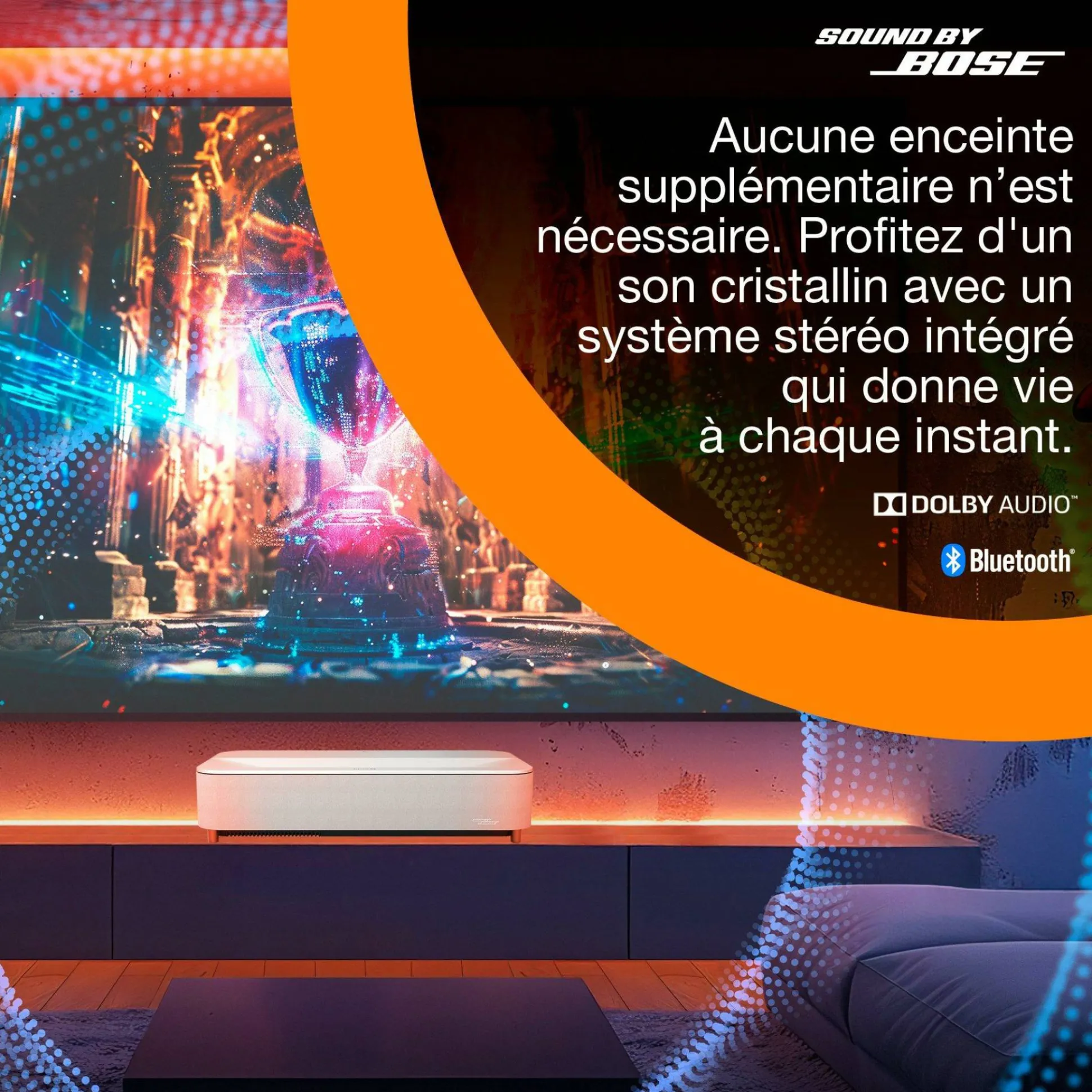 Epson Lifestudio Grand EH-LS670W, Projecteur laser intelligent à ultracourte focale, 4K PRO-UHD, 3 600 lumens, Sound by Bose, Google TV, écran de 120 pouces, garantie de 5 ans