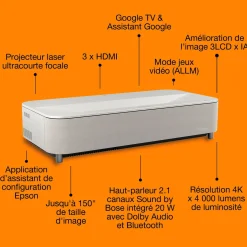 Epson Lifestudio Grand EH-LS670W, Projecteur laser intelligent à ultracourte focale, 4K PRO-UHD, 3 600 lumens, Sound by Bose, Google TV, écran de 120 pouces, garantie de 5 ans