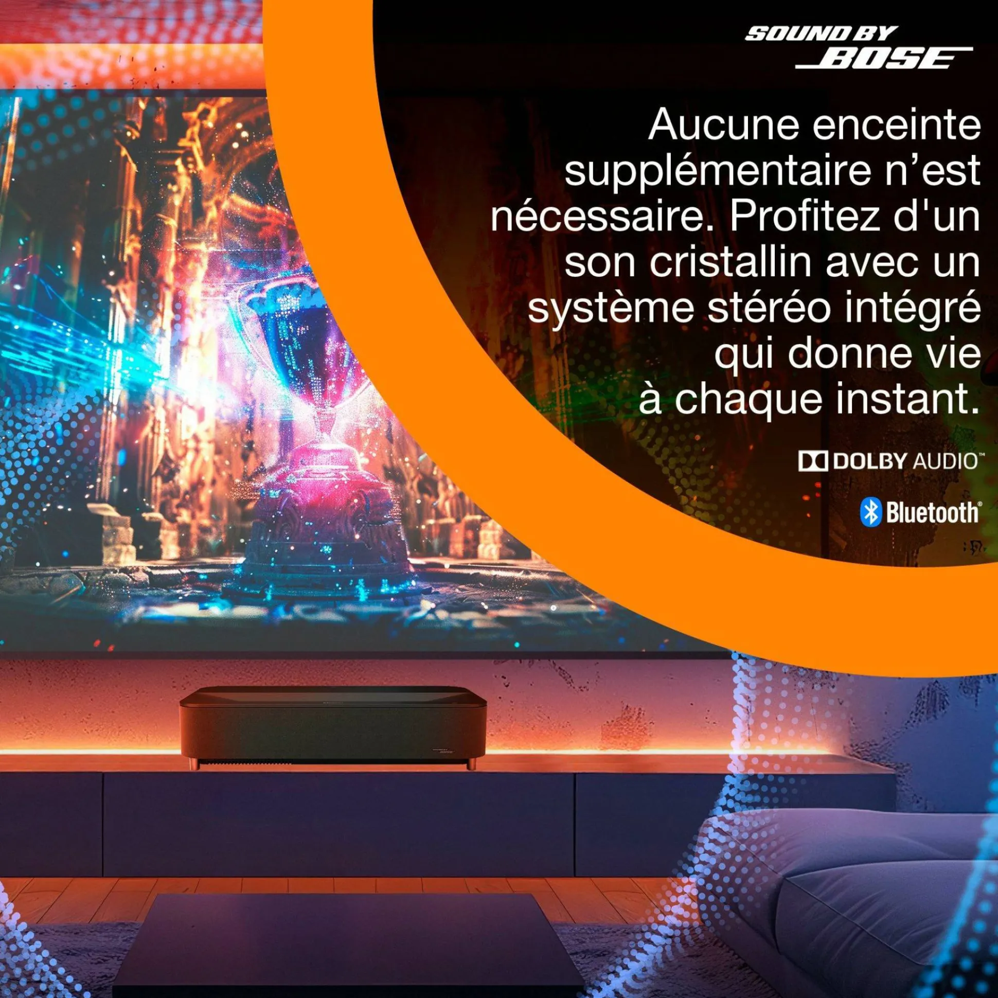 Epson Lifestudio Grand Plus EH-LS970B, Projecteur laser intelligent à ultracourte focale, Home cinéma 4K, 4 000 lumens, Sound by Bose, Google TV, écran de 150 pouces, garantie de 5 ans