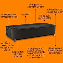 Epson Lifestudio Grand Plus EH-LS970B, Projecteur laser intelligent à ultracourte focale, Home cinéma 4K, 4 000 lumens, Sound by Bose, Google TV, écran de 150 pouces, garantie de 5 ans