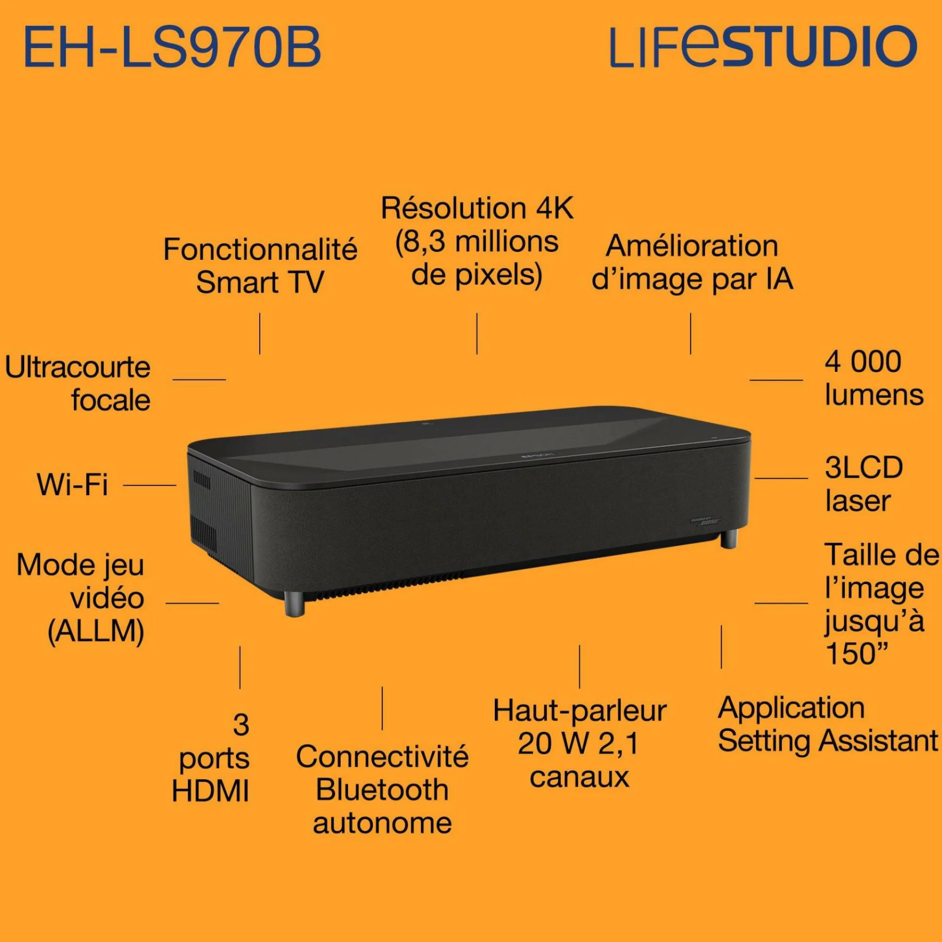 Epson Lifestudio Grand Plus EH-LS970B, Projecteur laser intelligent à ultracourte focale, Home cinéma 4K, 4 000 lumens, Sound by Bose, Google TV, écran de 150 pouces, garantie de 5 ans