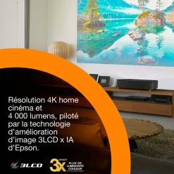 Epson Lifestudio Grand Plus EH-LS970B, Projecteur laser intelligent à ultracourte focale, Home cinéma 4K, 4 000 lumens, Sound by Bose, Google TV, écran de 150 pouces, garantie de 5 ans