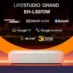Epson Lifestudio Grand Plus EH-LS970W, Projecteur laser intelligent à ultracourte focale, Home cinéma 4K, 4 000 lumens, Sound by Bose, Google TV, écran de 150 pouces, garantie de 5 ans