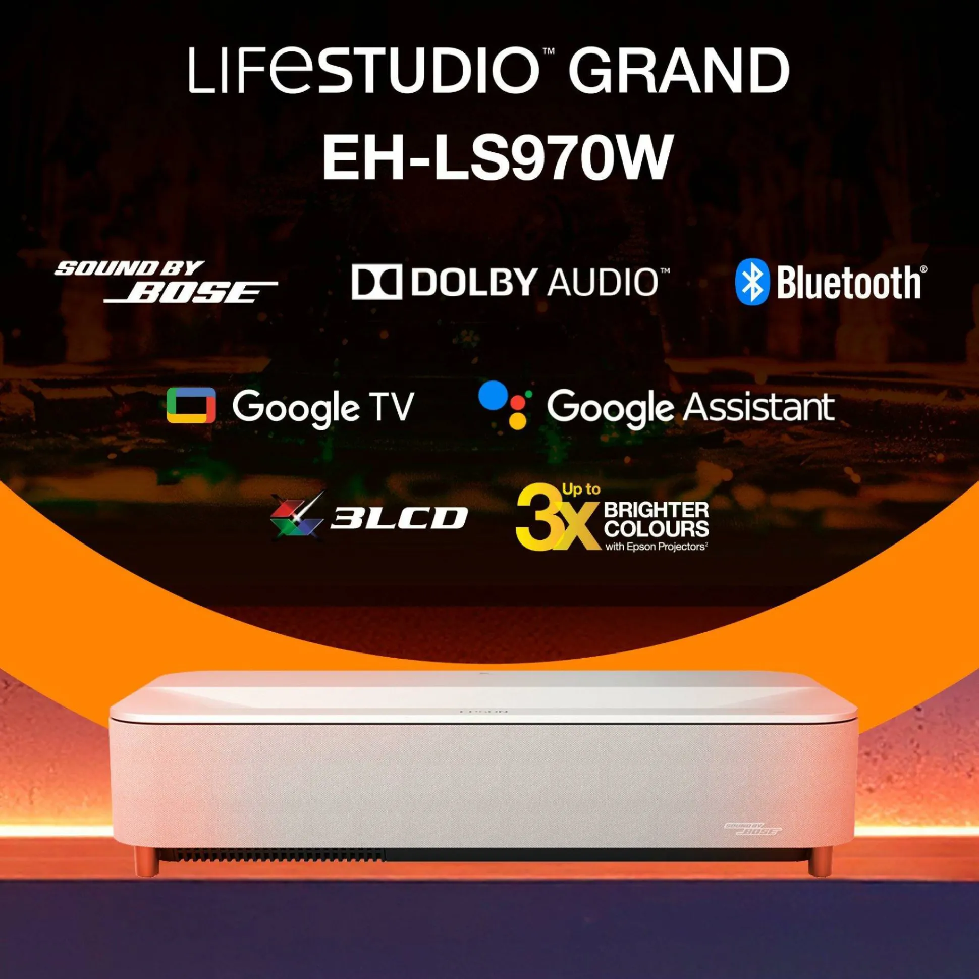 Epson Lifestudio Grand Plus EH-LS970W, Projecteur laser intelligent à ultracourte focale, Home cinéma 4K, 4 000 lumens, Sound by Bose, Google TV, écran de 150 pouces, garantie de 5 ans