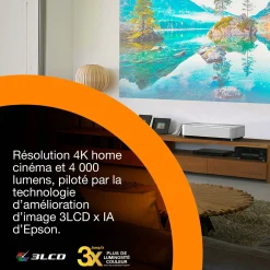 Epson Lifestudio Grand Plus EH-LS970W, Projecteur laser intelligent à ultracourte focale, Home cinéma 4K, 4 000 lumens, Sound by Bose, Google TV, écran de 150 pouces, garantie de 5 ans
