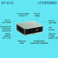 Epson Lifestudio Pop EF-61G, Projecteur Smart TV HD intégrale 1080p, portable, 700 lumens, Sound by Bose, Google TV, écran de 150 pouces