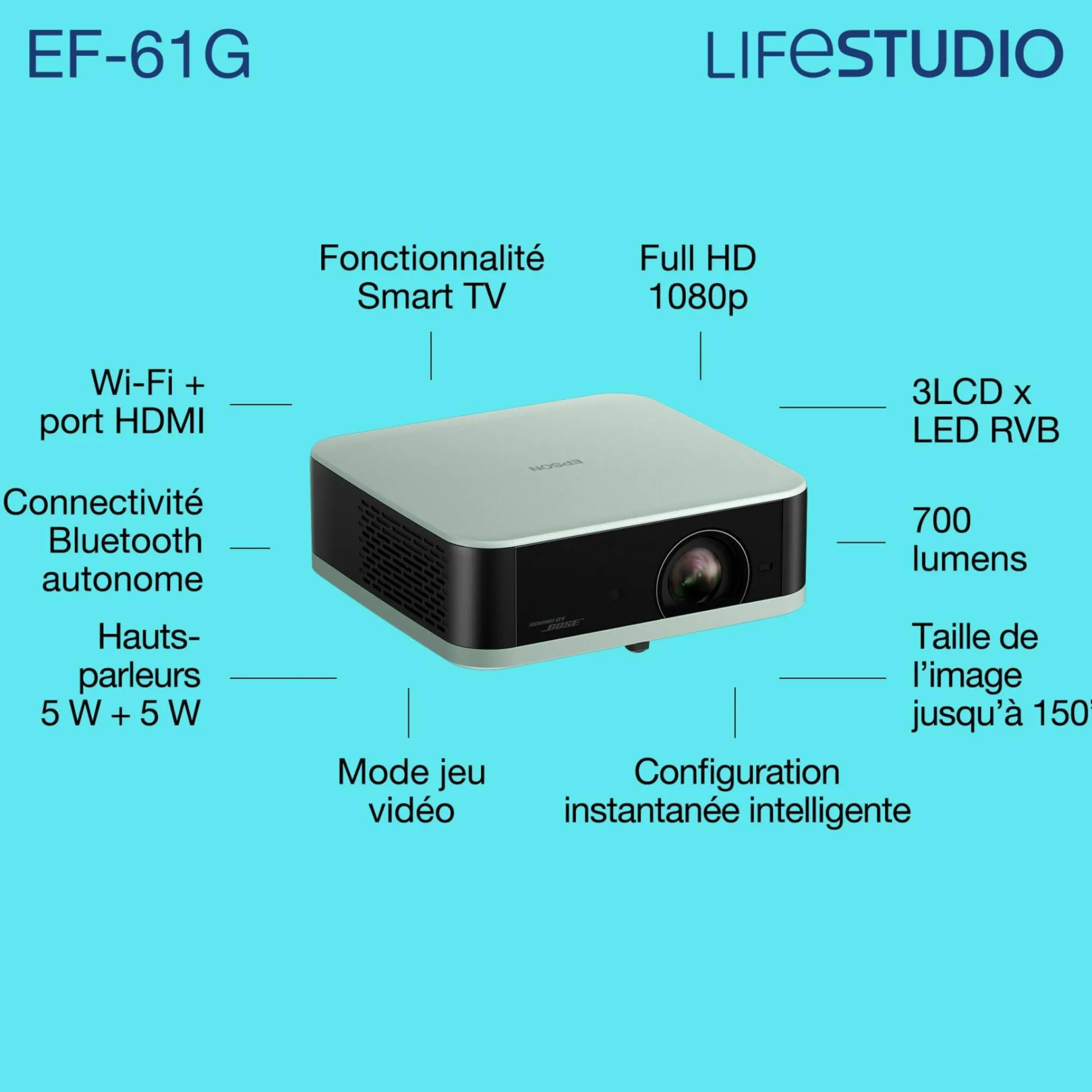 Epson Lifestudio Pop EF-61G, Projecteur Smart TV HD intégrale 1080p, portable, 700 lumens, Sound by Bose, Google TV, écran de 150 pouces