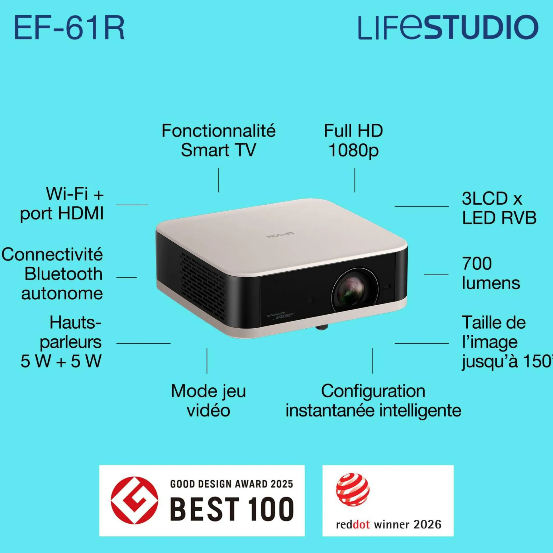 Epson Lifestudio Pop EF-61R, Projecteur Smart TV HD intégrale 1080p, portable, 700 lumens, Sound by Bose, Google TV, écran de 150 pouces