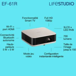 Epson Lifestudio Pop EF-61R, Projecteur Smart TV HD intégrale 1080p, portable, 700 lumens, Sound by Bose, Google TV, écran de 150 pouces