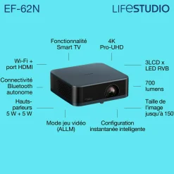 Epson Lifestudio Pop Plus EF-62N, Projecteur Smart TV 4K PRO-UHD, portable, 700 lumens, Sound by Bose, Google TV, écran de 150 pouces