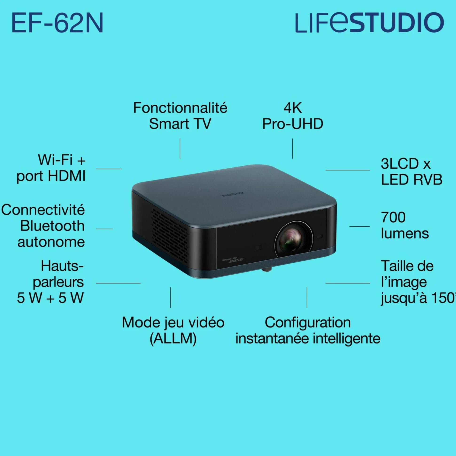 Epson Lifestudio Pop Plus EF-62N, Projecteur Smart TV 4K PRO-UHD, portable, 700 lumens, Sound by Bose, Google TV, écran de 150 pouces
