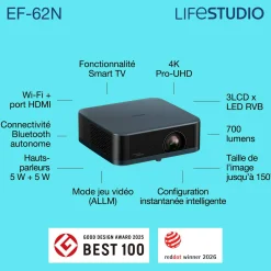 Epson Lifestudio Pop Plus EF-62N, Projecteur Smart TV 4K PRO-UHD, portable, 700 lumens, Sound by Bose, Google TV, écran de 150 pouces