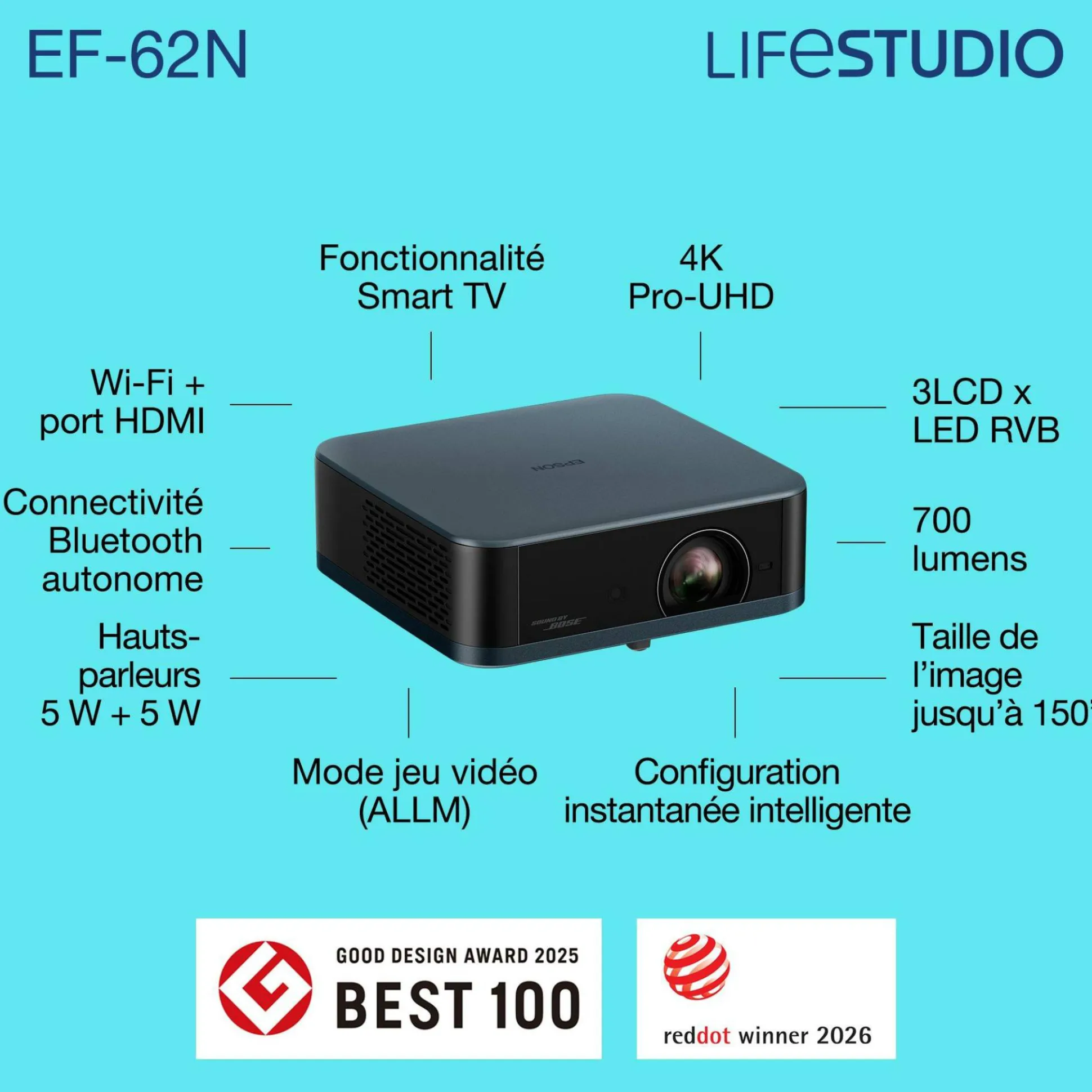 Epson Lifestudio Pop Plus EF-62N, Projecteur Smart TV 4K PRO-UHD, portable, 700 lumens, Sound by Bose, Google TV, écran de 150 pouces