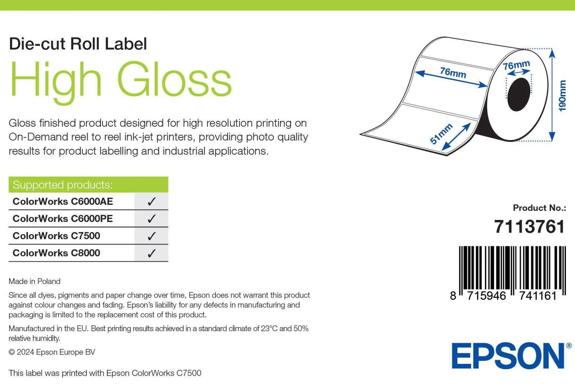 High Gloss Label, Die-Cut Roll, 76mm x 51mm, 2310 Labels