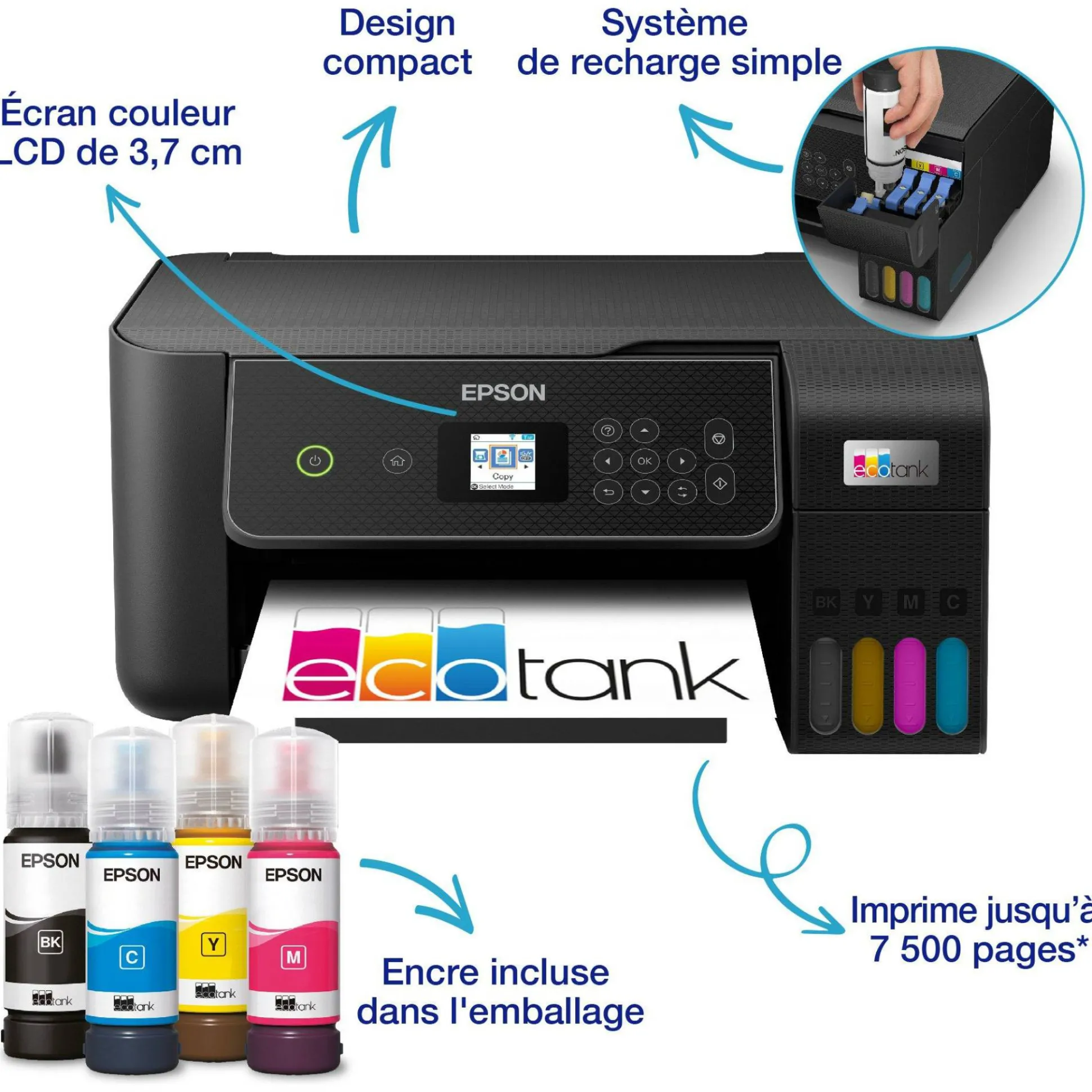 Imprimante multifonction A4 Wi-Fi EcoTank ET-2875 équipée de réservoirs d’encre, avec jusqu’à 3 ans d’encre inclus