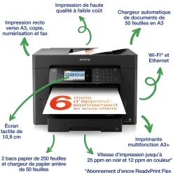 Imprimante multifonction Jet d’Encre A3+ WorkForce WF-7840DTWF et 3 mois d’approvisionnement en encre offerts avec l’abonnement ReadyPrint*