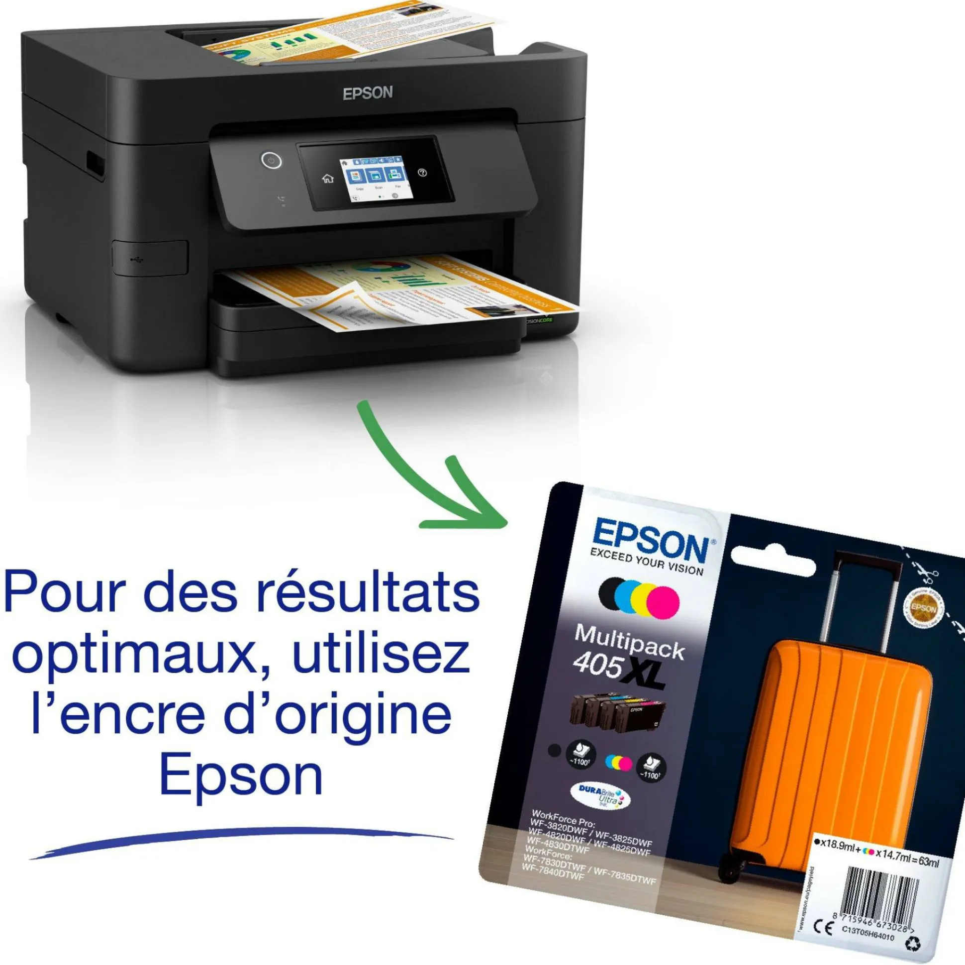 Imprimante multifonction Jet d’Encre A4 WorkForce Pro WF-3820DWF et 6 mois d’encre offerts* avec l’abonnement ReadyPrint
