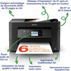 Imprimante multifonction Jet d’Encre A4 WorkForce Pro WF-3825DWF et 6 mois d’encre offerts* avec l’abonnement ReadyPrint