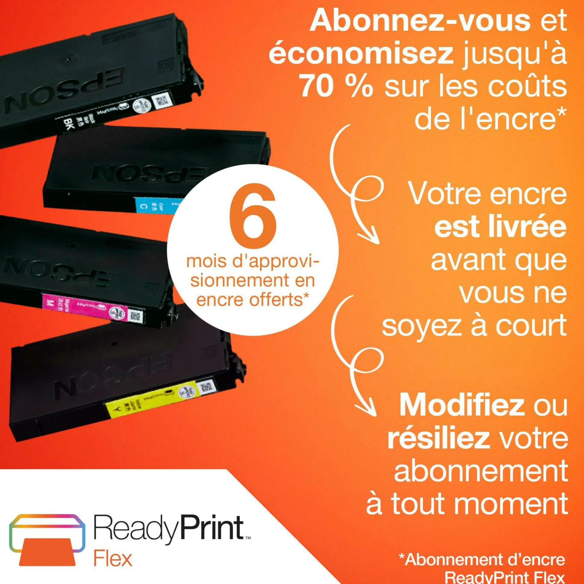 Imprimante multifonction Jet d’Encre A4 WorkForce WF-4830DTWF et 6 mois d’approvisionnement en encre offerts avec l’abonnement ReadyPrint*