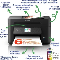 Imprimantte multifonction Jet d’Encre A4 WorkForce WF-2960DWF et 6 mois d’encre offerts* avec l’abonnement ReadyPrint