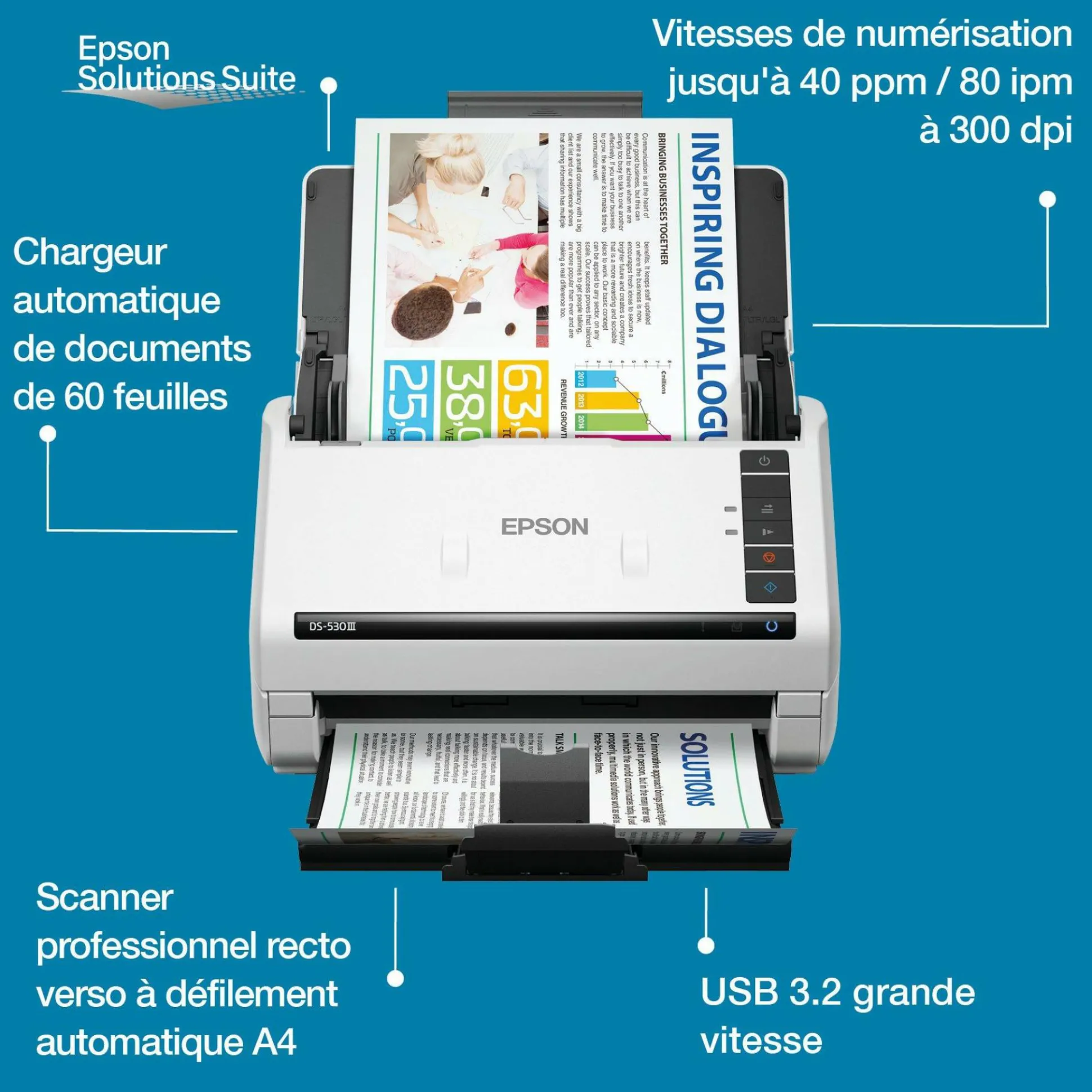 Le scanner recto verso automatique WorkForce DS-530III permet de numériser rapidement les documents professionnels