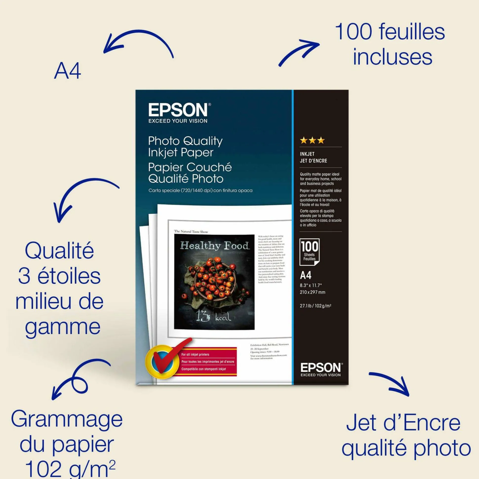 Papier A4 jet d’encre de qualité photo Epson 102 g/m2, 100 feuilles