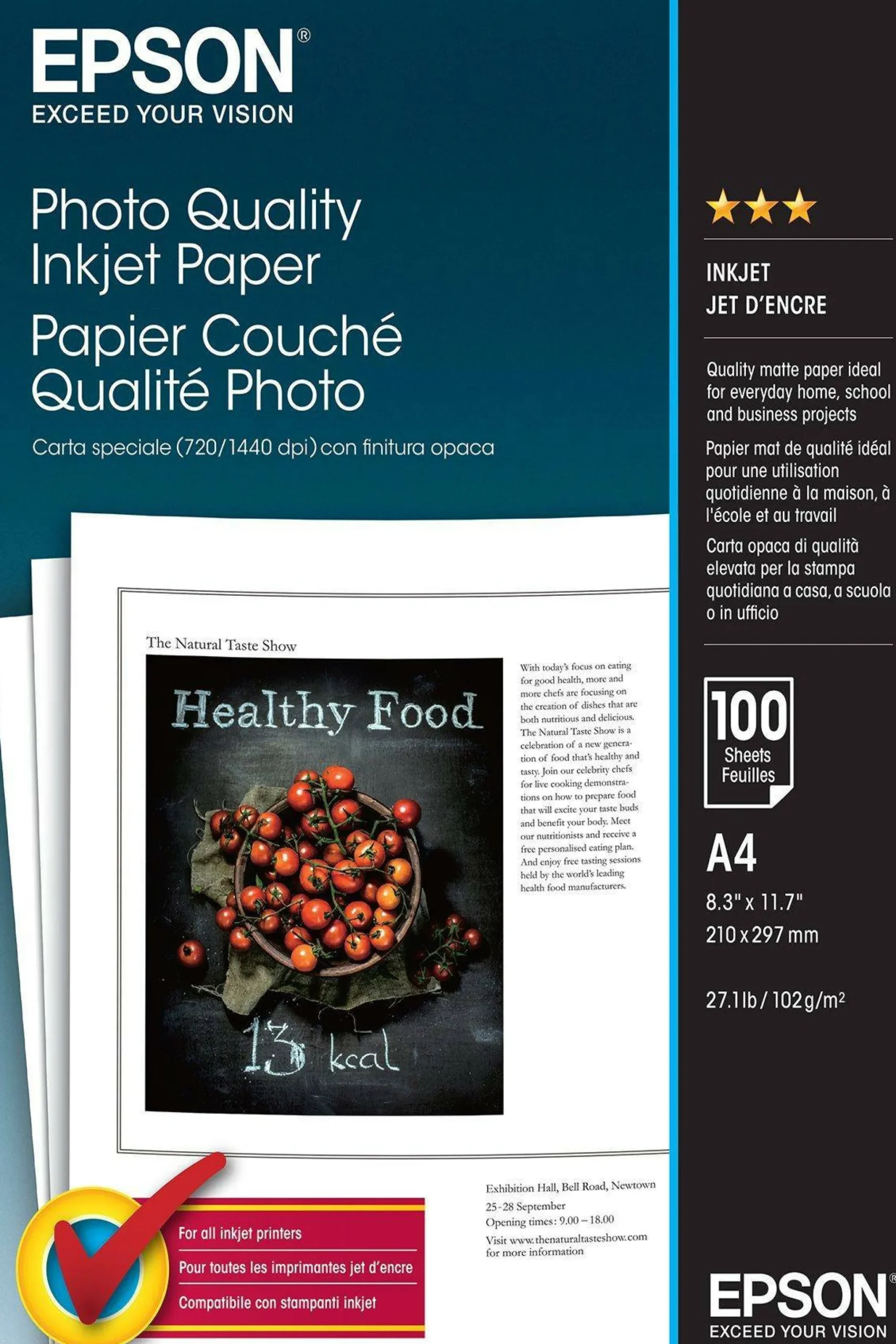 Papier A4 jet d’encre de qualité photo Epson 102 g/m2, 100 feuilles