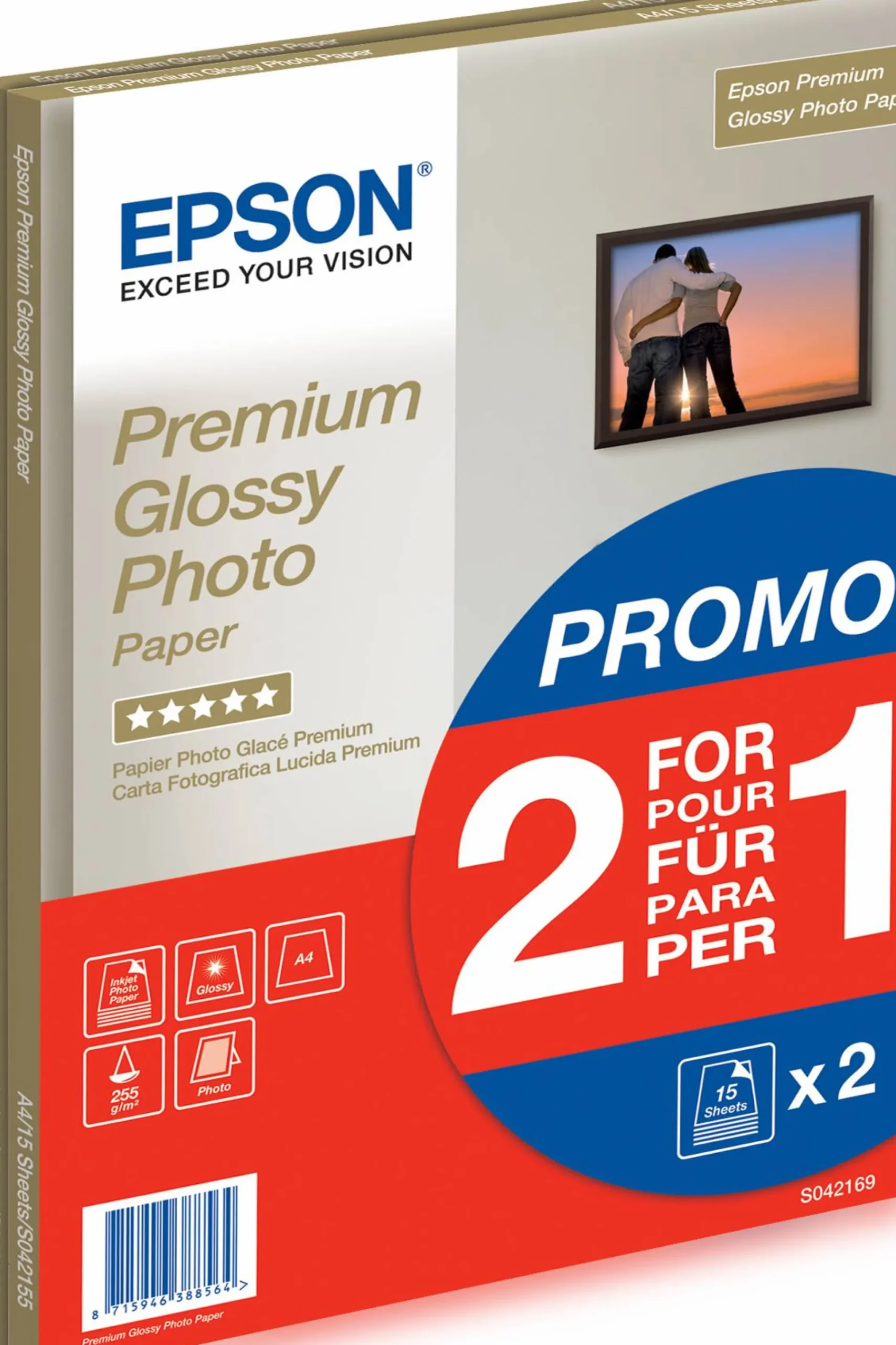 Papier photo A4 brillant Epson Premium 255 g/m2, 30 feuilles