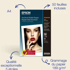 Papier photo A4 mat Epson Archival 189 g/m2, 50 feuilles