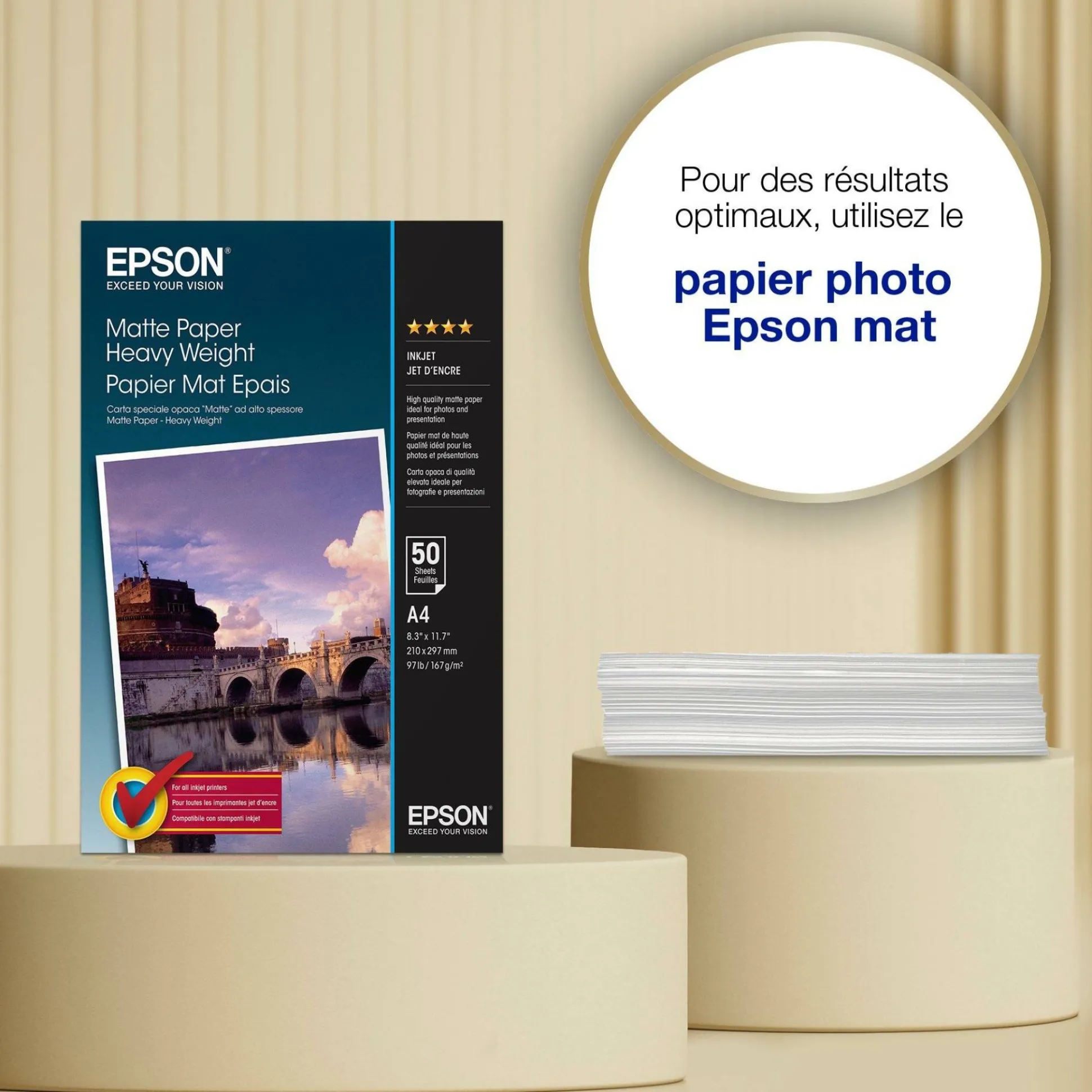 Papier photo A4 mat Epson 167 g/m2, 50 feuilles