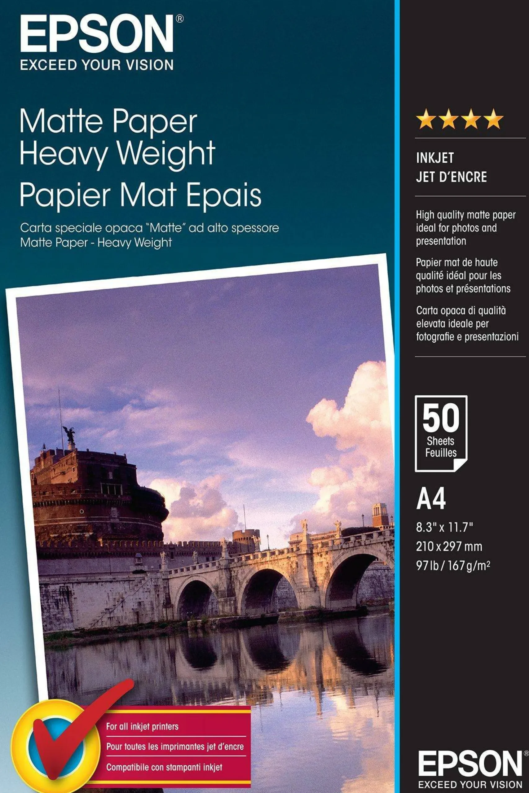 Papier photo A4 mat Epson 167 g/m2, 50 feuilles