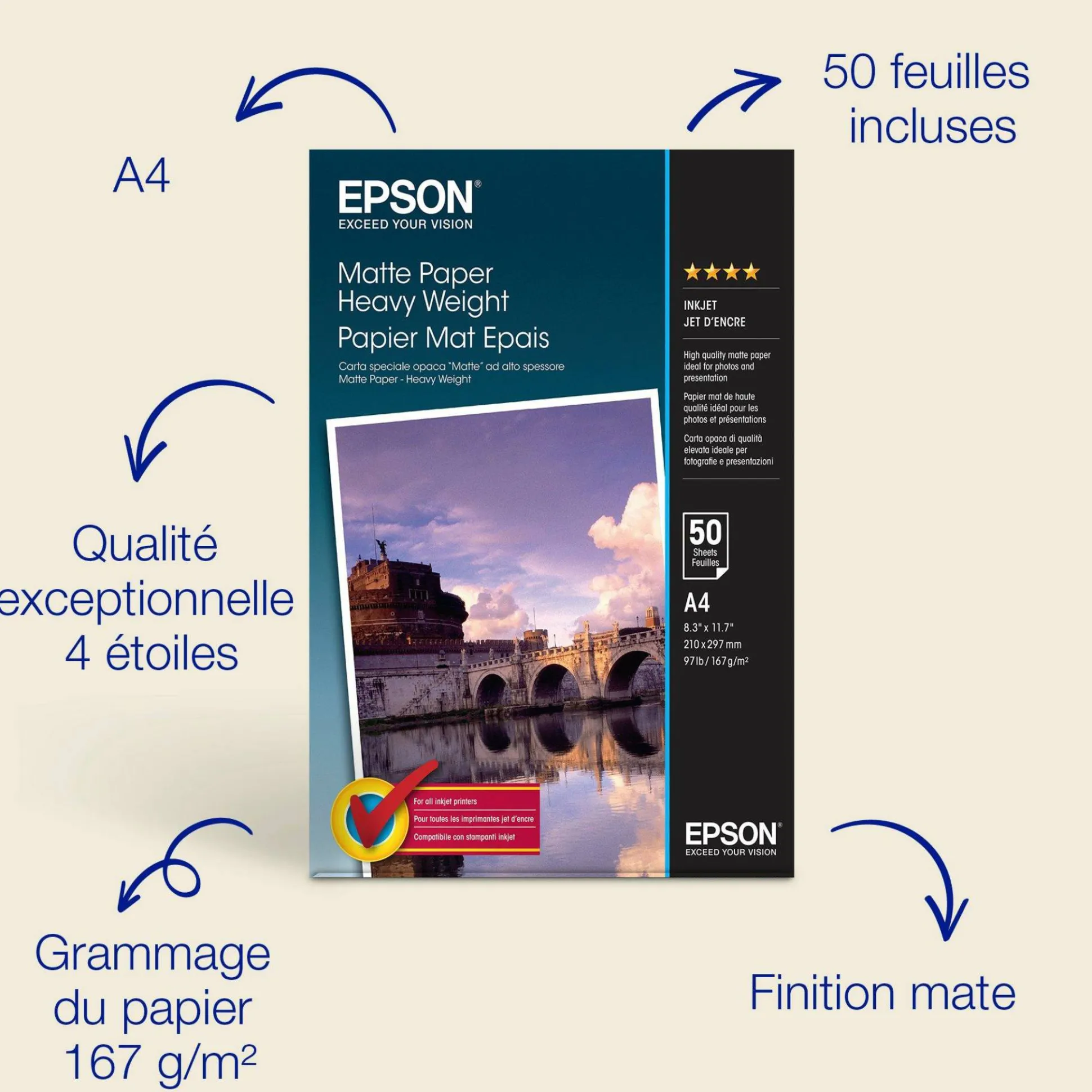 Papier photo A4 mat Epson 167 g/m2, 50 feuilles
