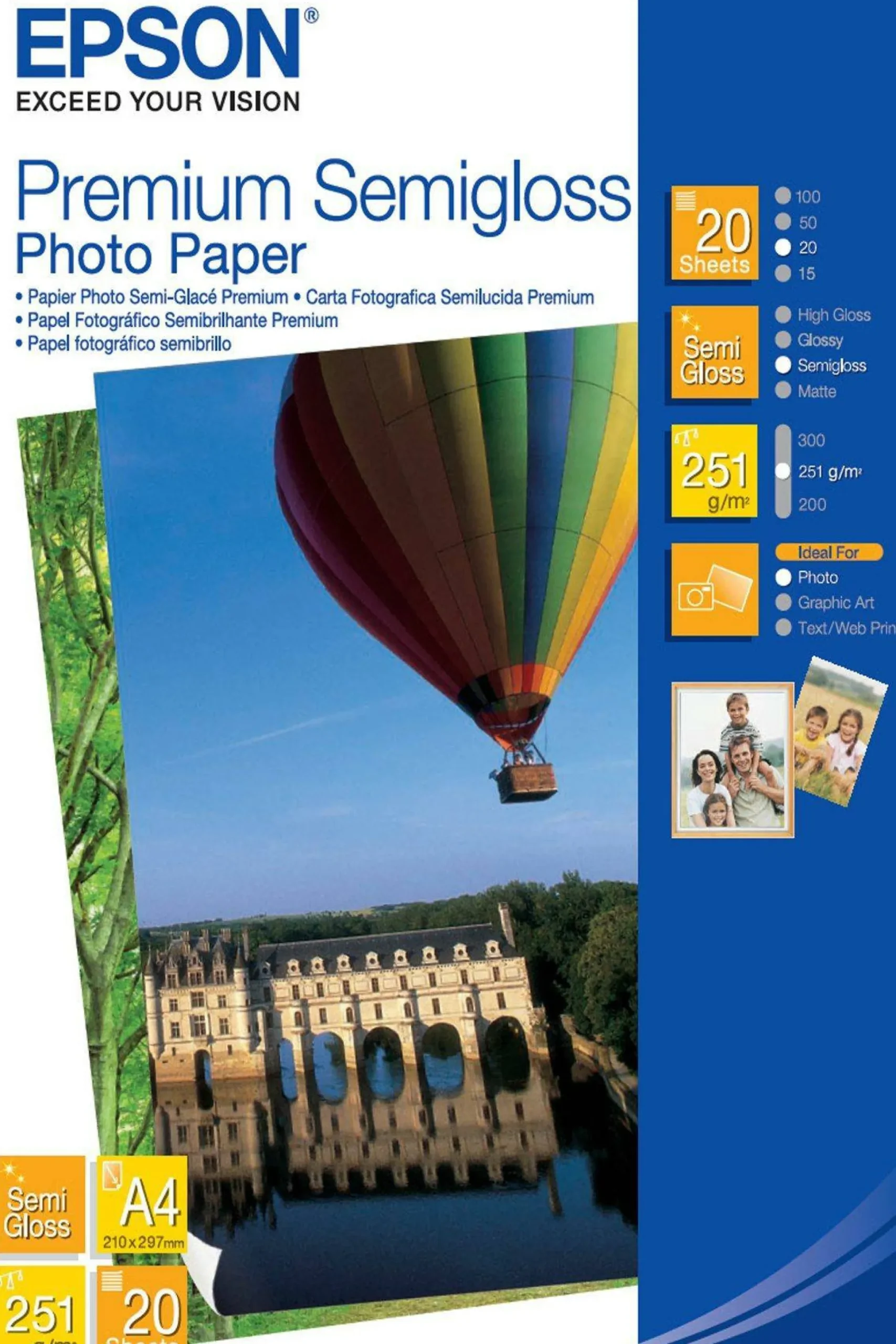 Papier photo A4 Premium semi-brillant Epson, 251 g/m2, 20 feuilles