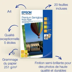 Papier photo A4 Premium semi-brillant Epson, 251 g/m2, 20 feuilles