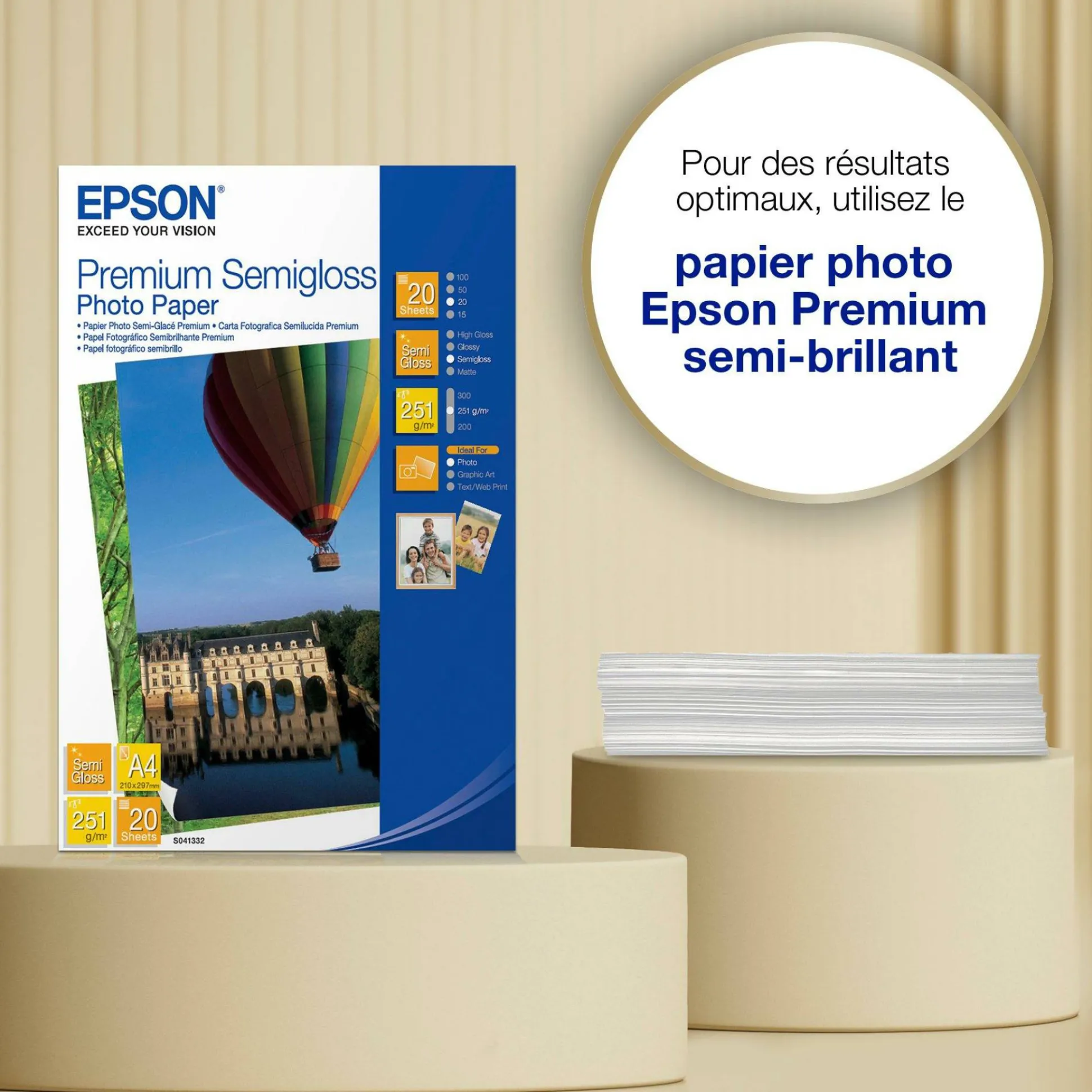 Papier photo A4 Premium semi-brillant Epson, 251 g/m2, 20 feuilles