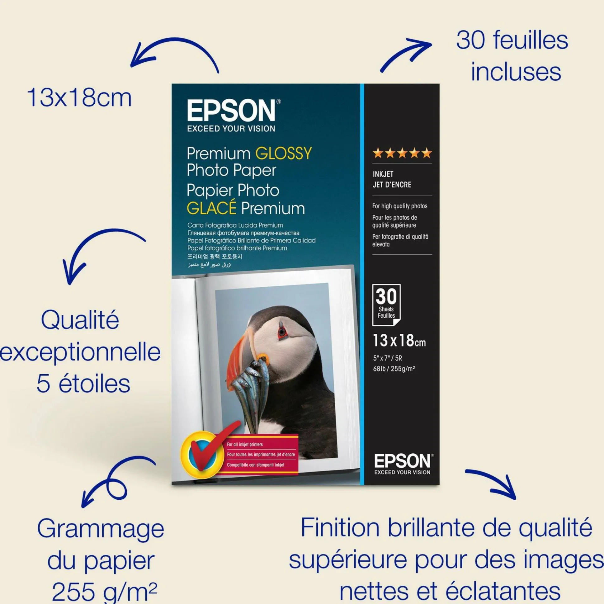 Papier photo brillant Epson Premium (130 x 180 mm), 255 g/m2, 30 feuilles