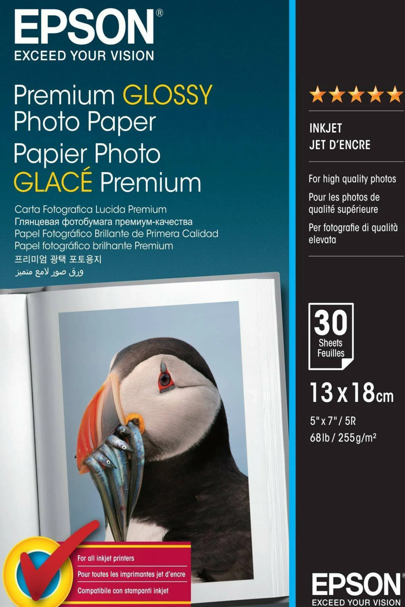 Papier photo brillant Epson Premium (130 x 180 mm), 255 g/m2, 30 feuilles
